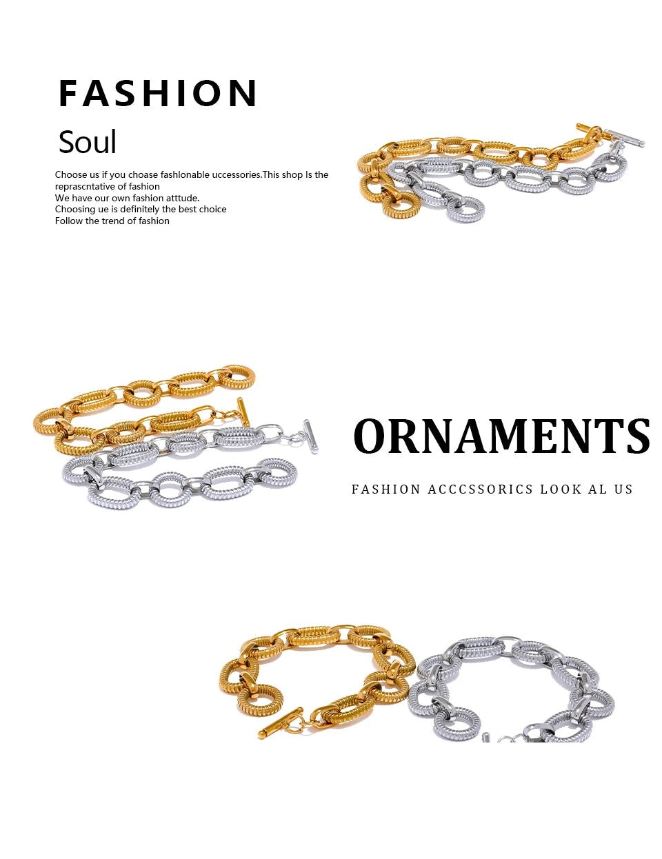 Hammered geometric chain necklace in gold-plated 316L stainless steel.
