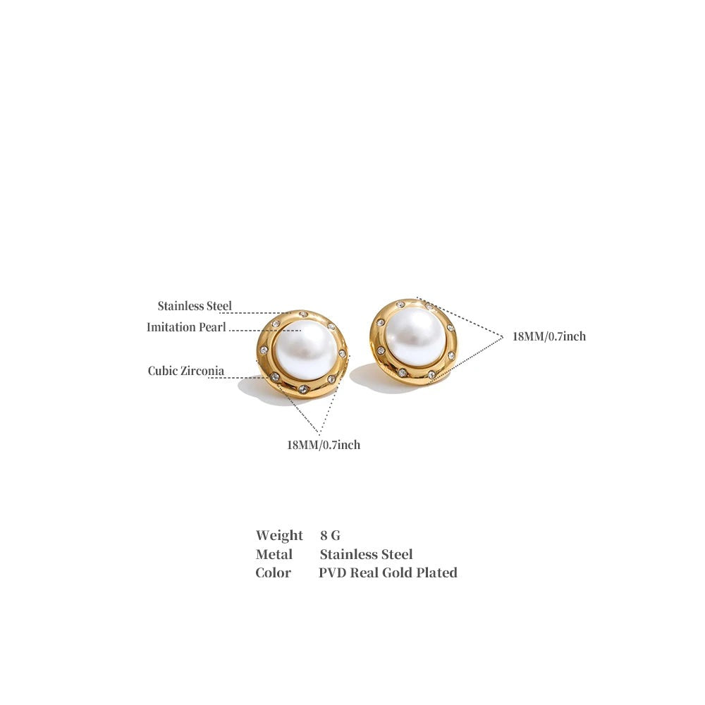 Cubic Zirconia Pearl Geometric Earrings — Gold-Plated Stainless Steel with Pearl and Cubic Zirconia · PS1536
