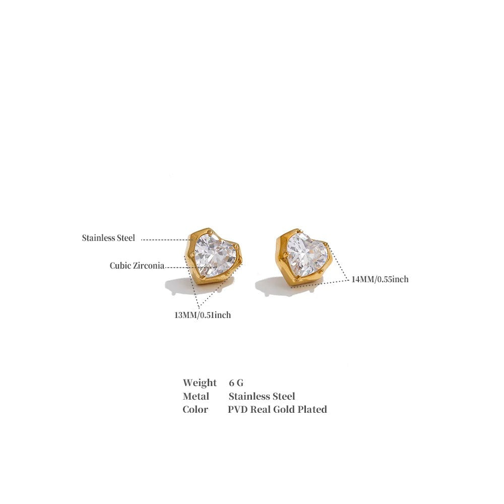 Cubic Zirconia Heart Earrings — Gold-Plated Stainless Steel with Cubic Zirconia · PS1479