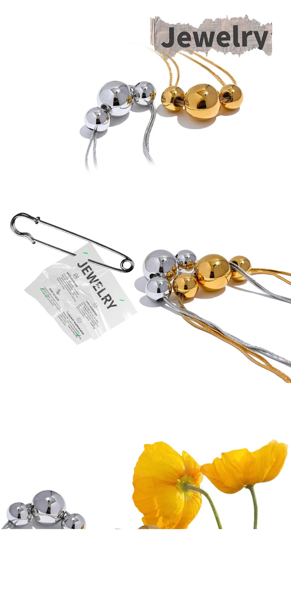 Beaded geometric chain necklace in gold-plated 316L stainless steel.