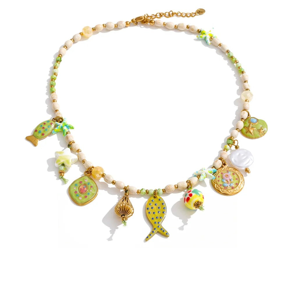 Gold-plated stainless steel necklace with resin accents.