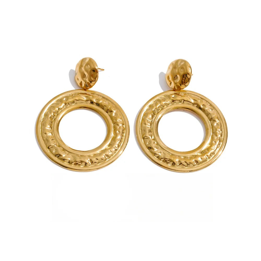 Gold-plated stainless steel earrings featuring two large hoop designs.
