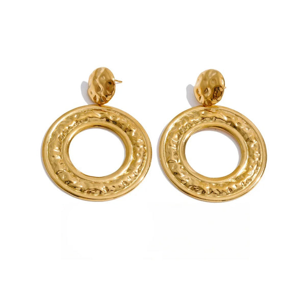 Gold-plated stainless steel earrings featuring two large hoop designs.