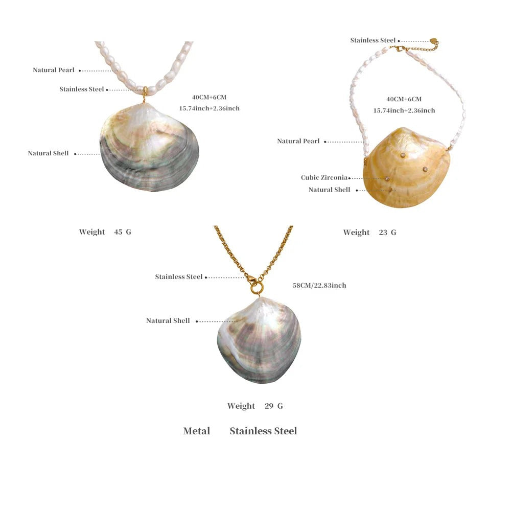 Pearl shell geometric necklace in gold-plated stainless steel with pearl and shell.
