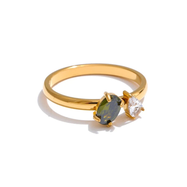Gold ring with cubic zirconia stones.