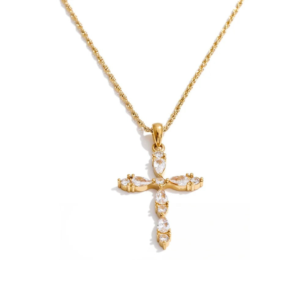 Gold-plated stainless steel necklace with cubic zirconia cross pendant.