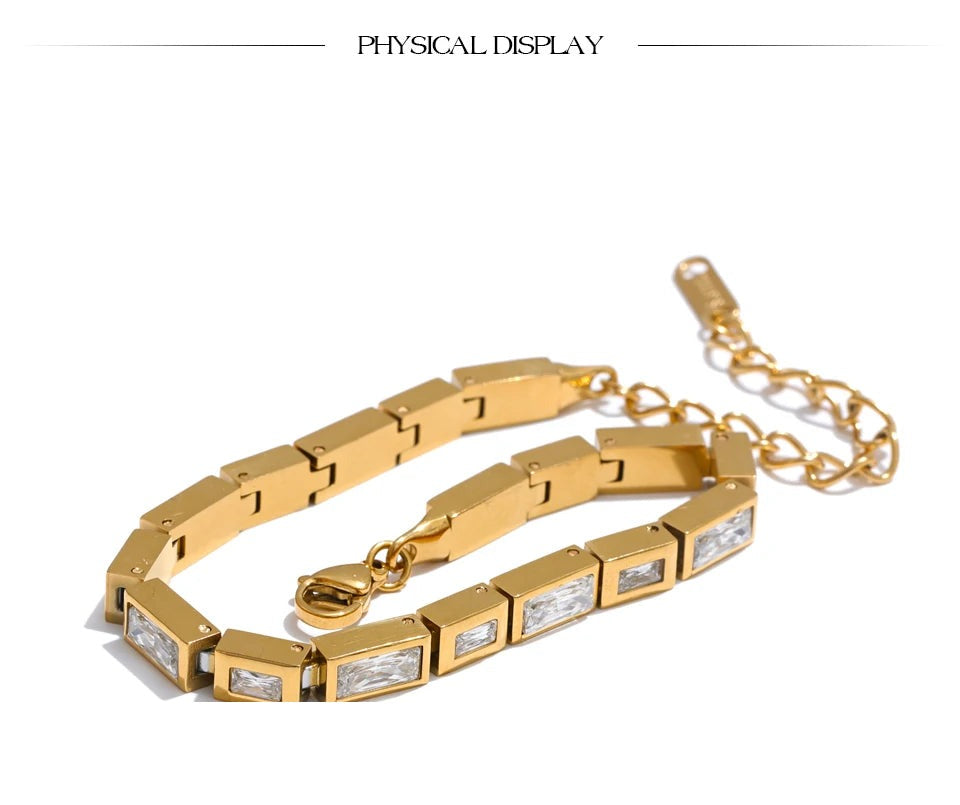 Cubic Zirconia Geometric Chain Bracelet — Gold-Plated Stainless Steel with Cubic Zirconia · PS1955