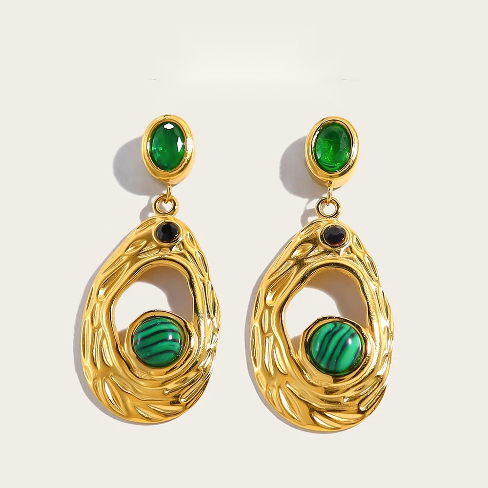 Drop Earrings Green Stone Zircon Irregular Dangle — 316L Stainless Steel · PS424