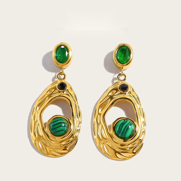 Drop Earrings Green Stone Zircon Irregular Dangle — 316L Stainless Steel · PS424