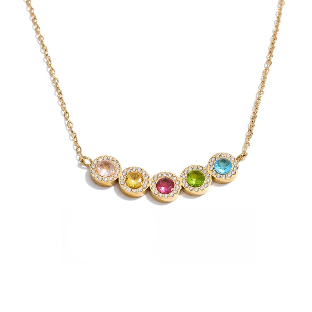 Gold-plated stainless steel necklace with cubic zirconia stones in multiple colors.