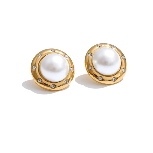 Cubic Zirconia Pearl Geometric Earrings — Gold-Plated Stainless Steel with Pearl and Cubic Zirconia · PS1536