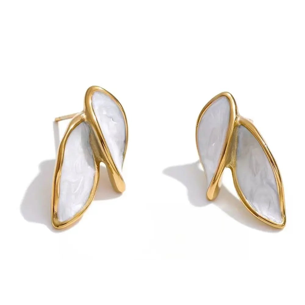Gold-plated stainless steel earrings with enamel detailing a leaf design.