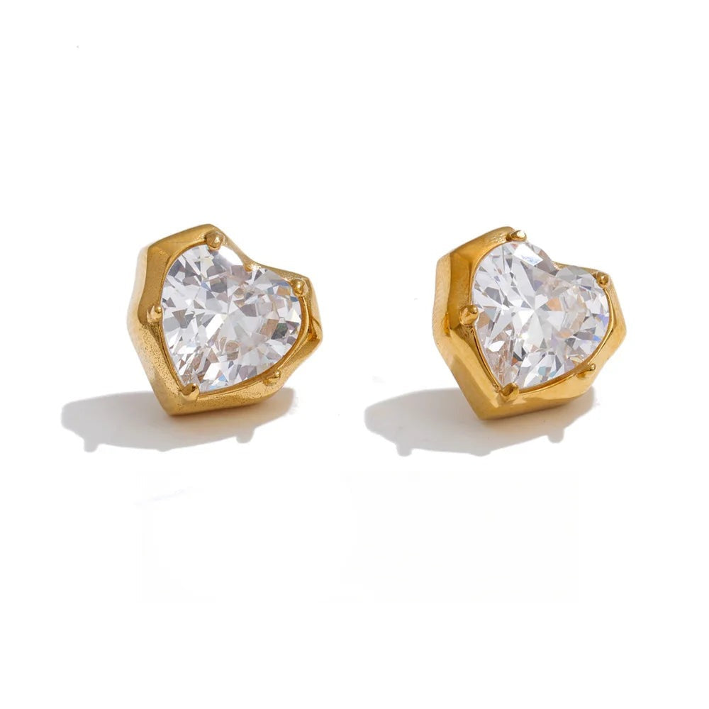 Cubic Zirconia Heart Earrings — Gold-Plated Stainless Steel with Cubic Zirconia · PS1479