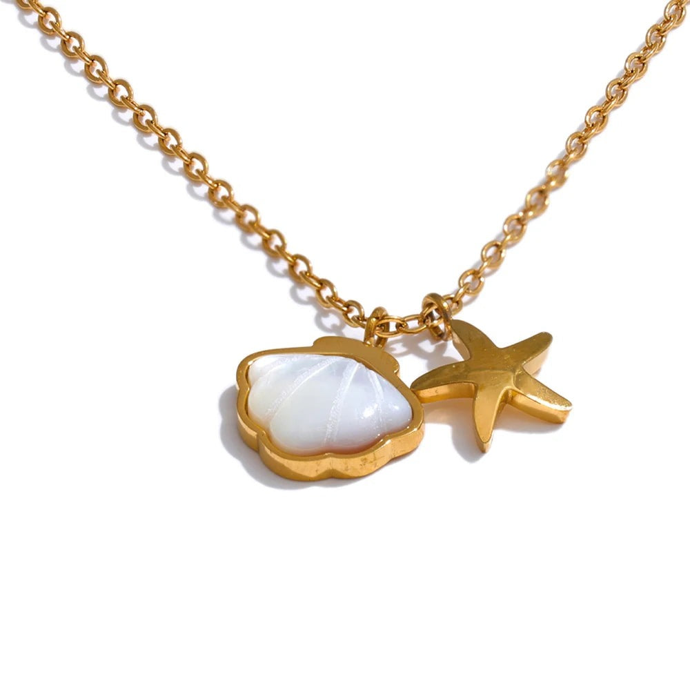 Gold-plated stainless steel necklace with shell pendant.