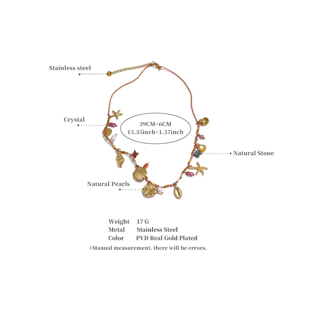 Shell natural stone star necklace in gold-plated stainless steel with natural stone and shell.