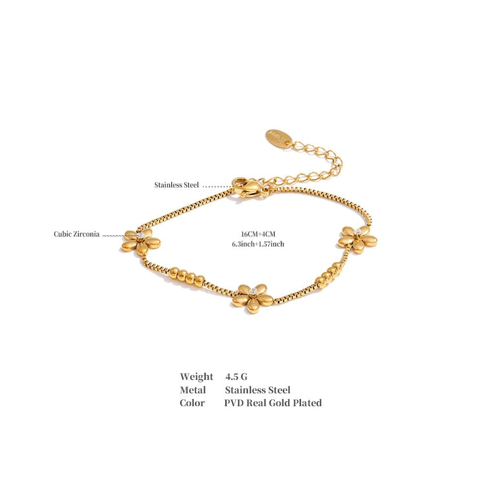 Cubic Zirconia Flower Geometric Bracelet — Gold-Plated Stainless Steel with Cubic Zirconia · PS1032