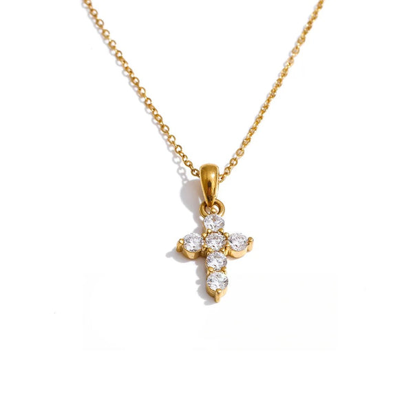 Gold-plated stainless steel necklace with cubic zirconia cross pendant.