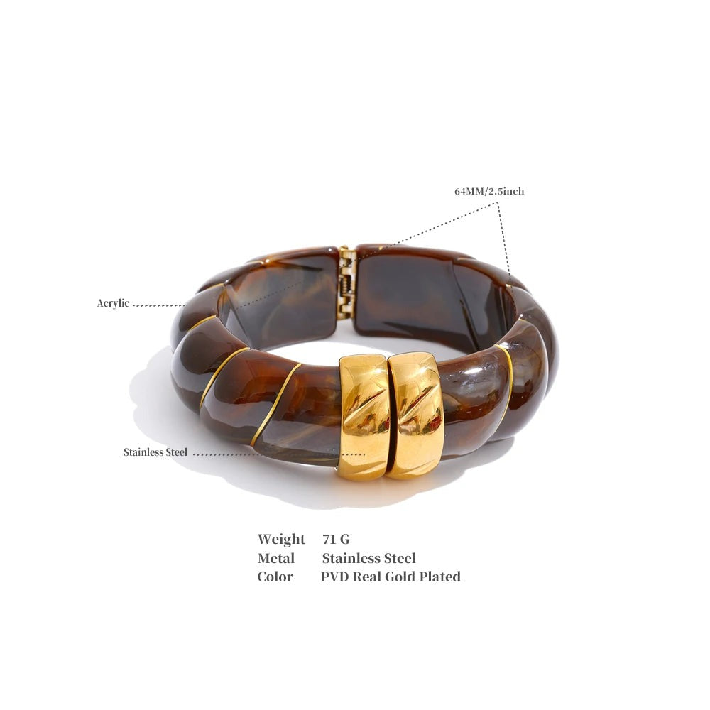 Resin acrylic multi-color bracelet in gold-plated stainless steel with resin and acrylic.