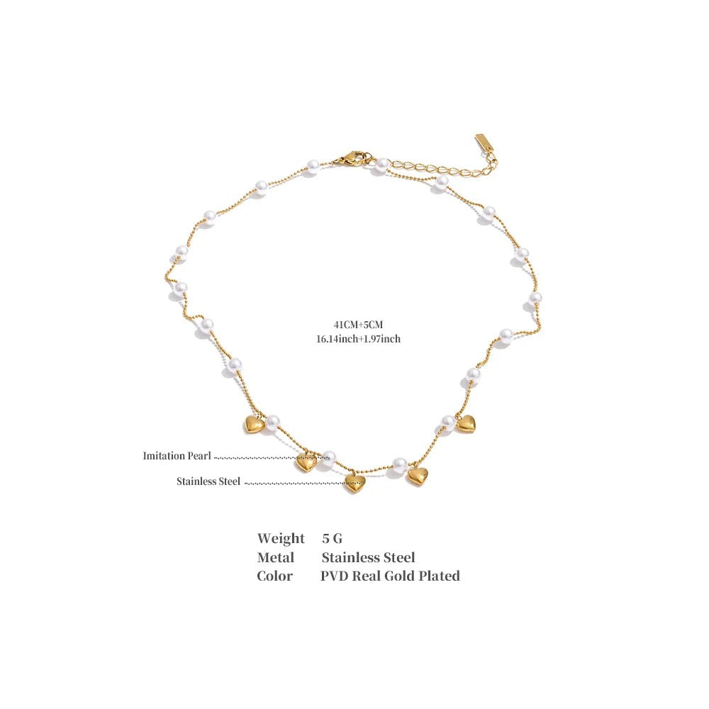 Pearl heart beaded necklace in gold-plated stainless steel with pearl.