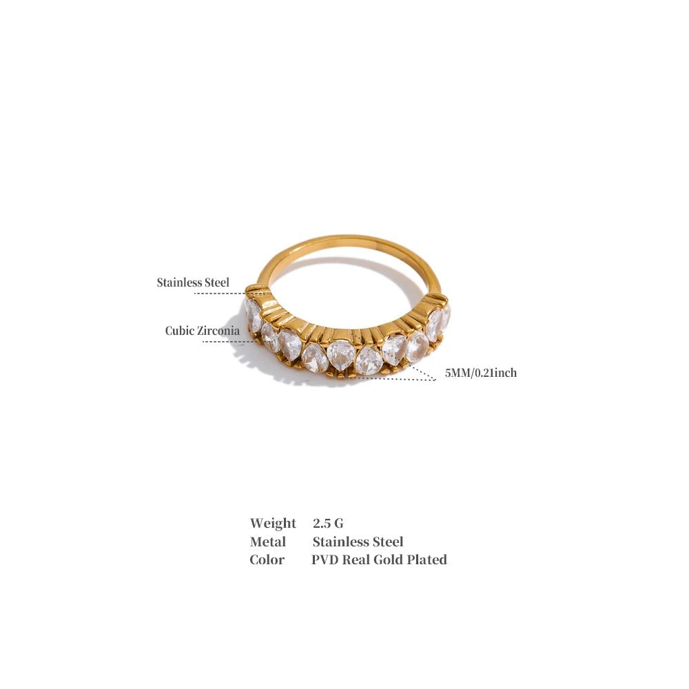 Cubic zirconia geometric ring in 18K gold-plated stainless steel with cubic zirconia.