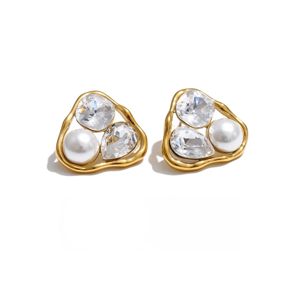 Cubic Zirconia Pearl Geometric Earrings — Gold-Plated Stainless Steel with Pearl and Cubic Zirconia · PS1441