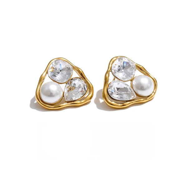 Cubic Zirconia Pearl Geometric Earrings — Gold-Plated Stainless Steel with Pearl and Cubic Zirconia · PS1441