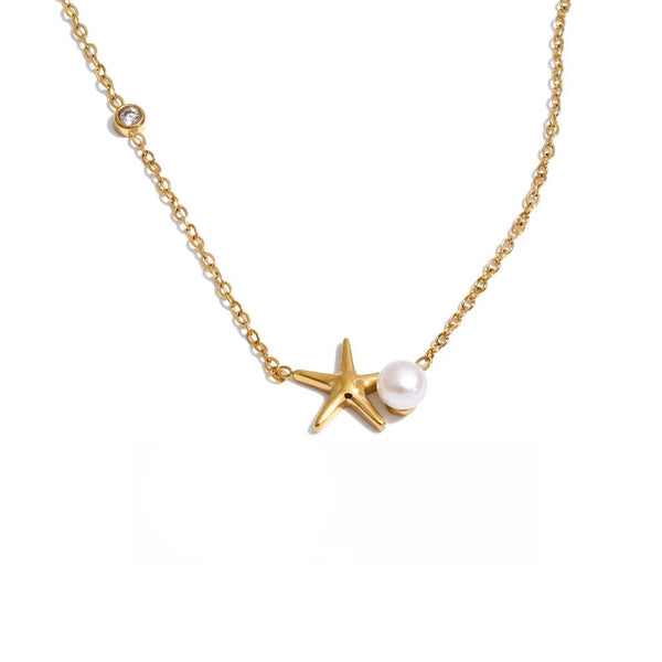 Gold-plated stainless steel necklace with freshwater pearl and starfish charm.