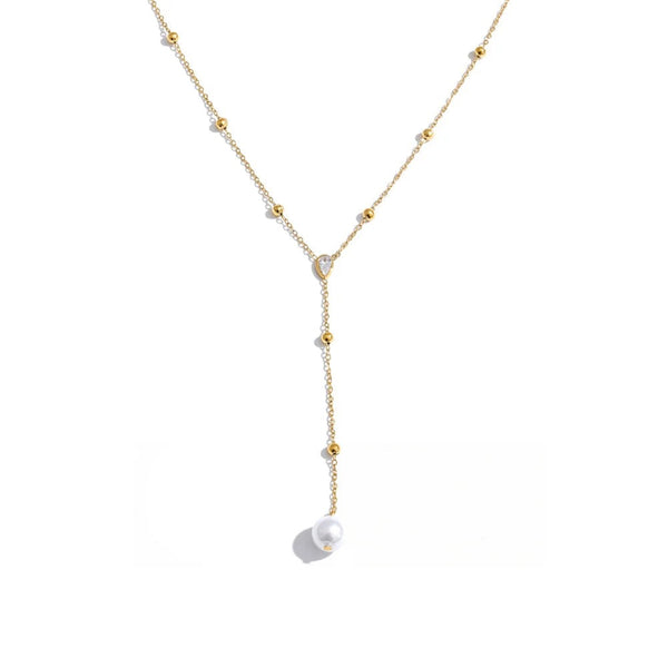 Gold-plated stainless steel necklace with pearl and cubic zirconia.