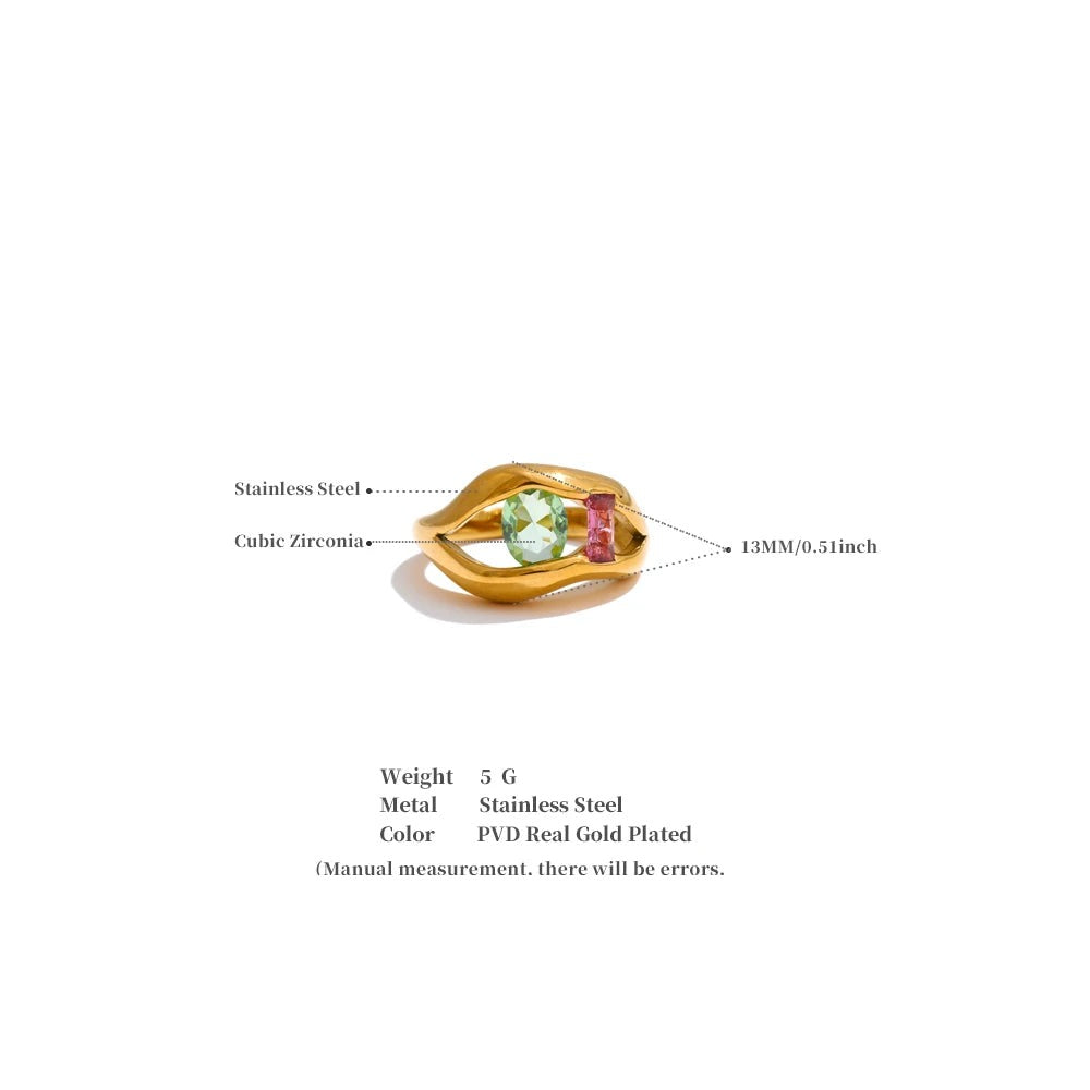 Cubic zirconia geometric ring in 18K gold-plated stainless steel with cubic zirconia.