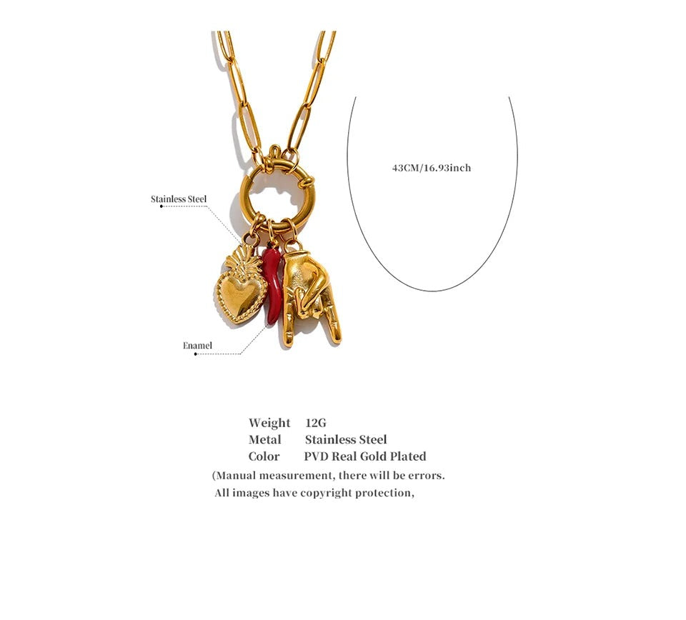 Red heart geometric necklace in gold-plated 316L stainless steel.