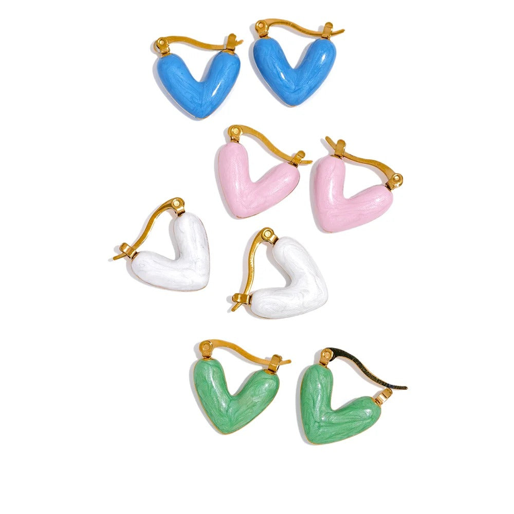 Gold-plated stainless steel earrings with enamel hearts in pink, blue, and green.