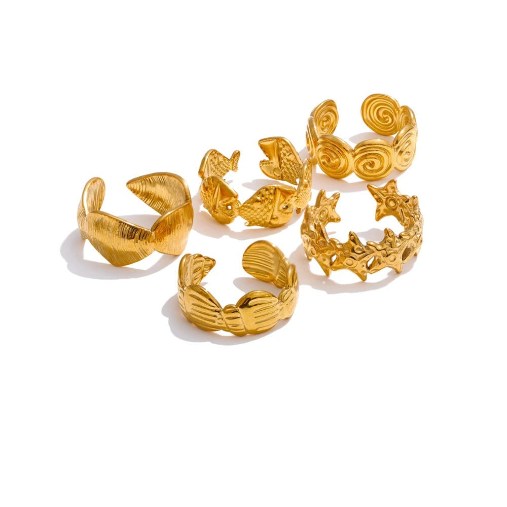 Gold-plated stainless steel ring with shell design.