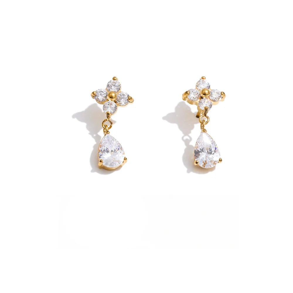 Cubic Zirconia Flower Earrings — Gold-Plated Stainless Steel with Cubic Zirconia · PS1166