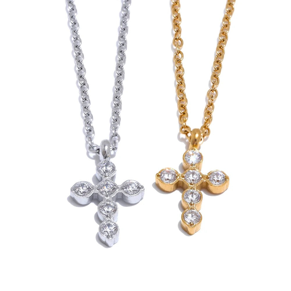 Gold-plated stainless steel necklace with cubic zirconia crosses.