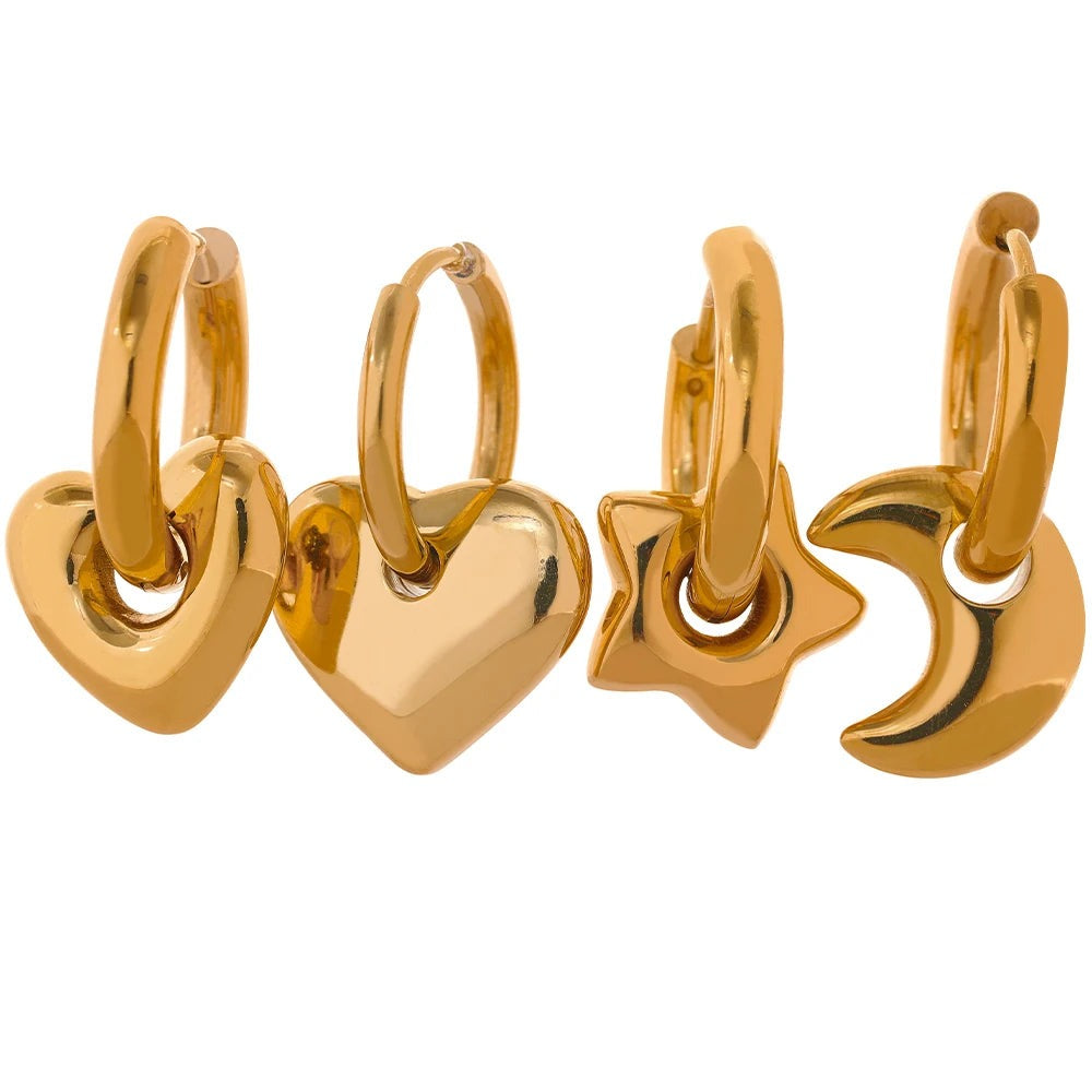 Gold-plated stainless steel earrings featuring a moon and star motif.