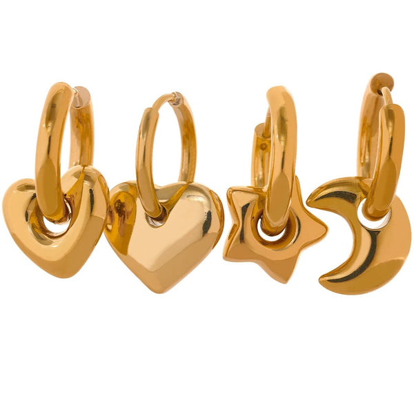 Gold-plated stainless steel earrings featuring a moon and star motif.