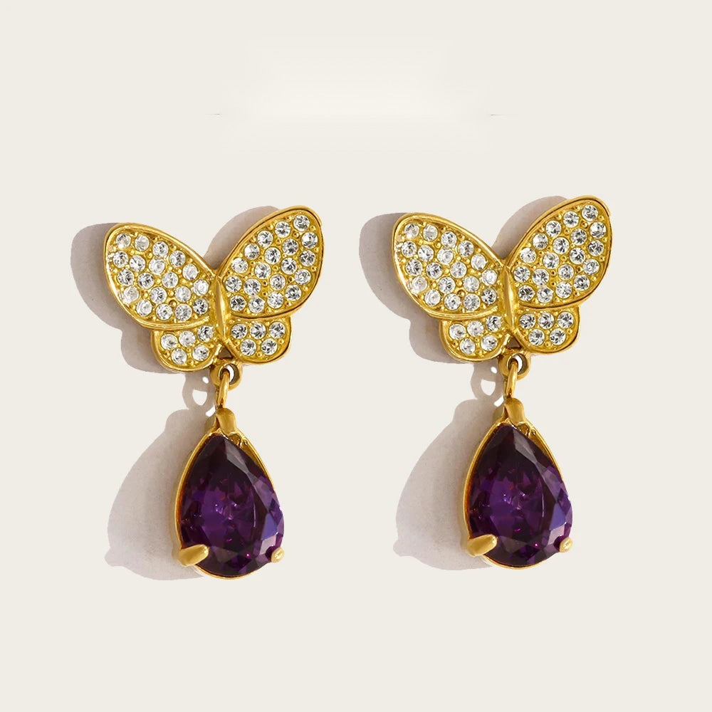 Purple Zircon Crystal Earrings — 316L Stainless Steel · PS481