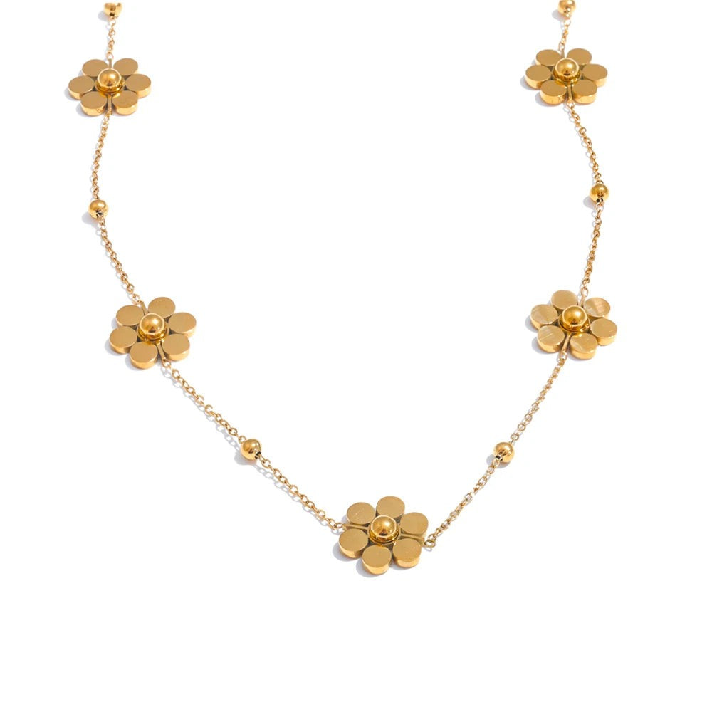 Gold-plated stainless steel necklace featuring a floral design.