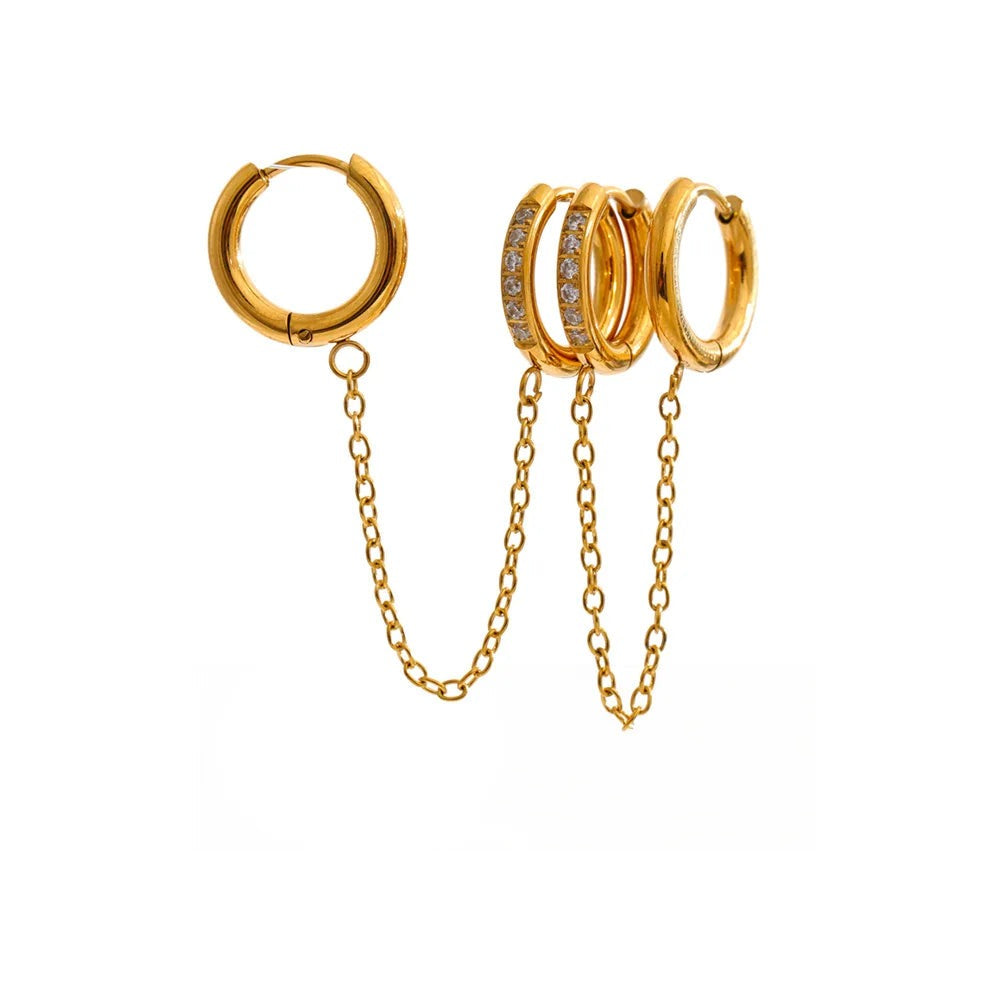 Cubic Zirconia Geometric Chain Earrings — Gold-Plated Stainless Steel with Cubic Zirconia · PS1462