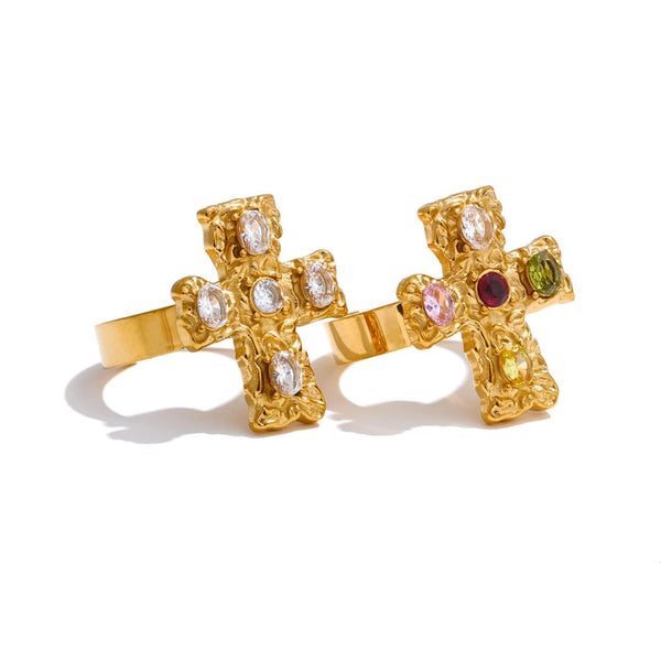 Gold-plated stainless steel ring with cubic zirconia crosses.