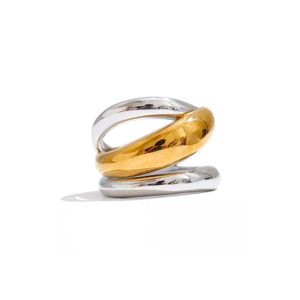 Gold-plated stainless steel ring with a curved design.