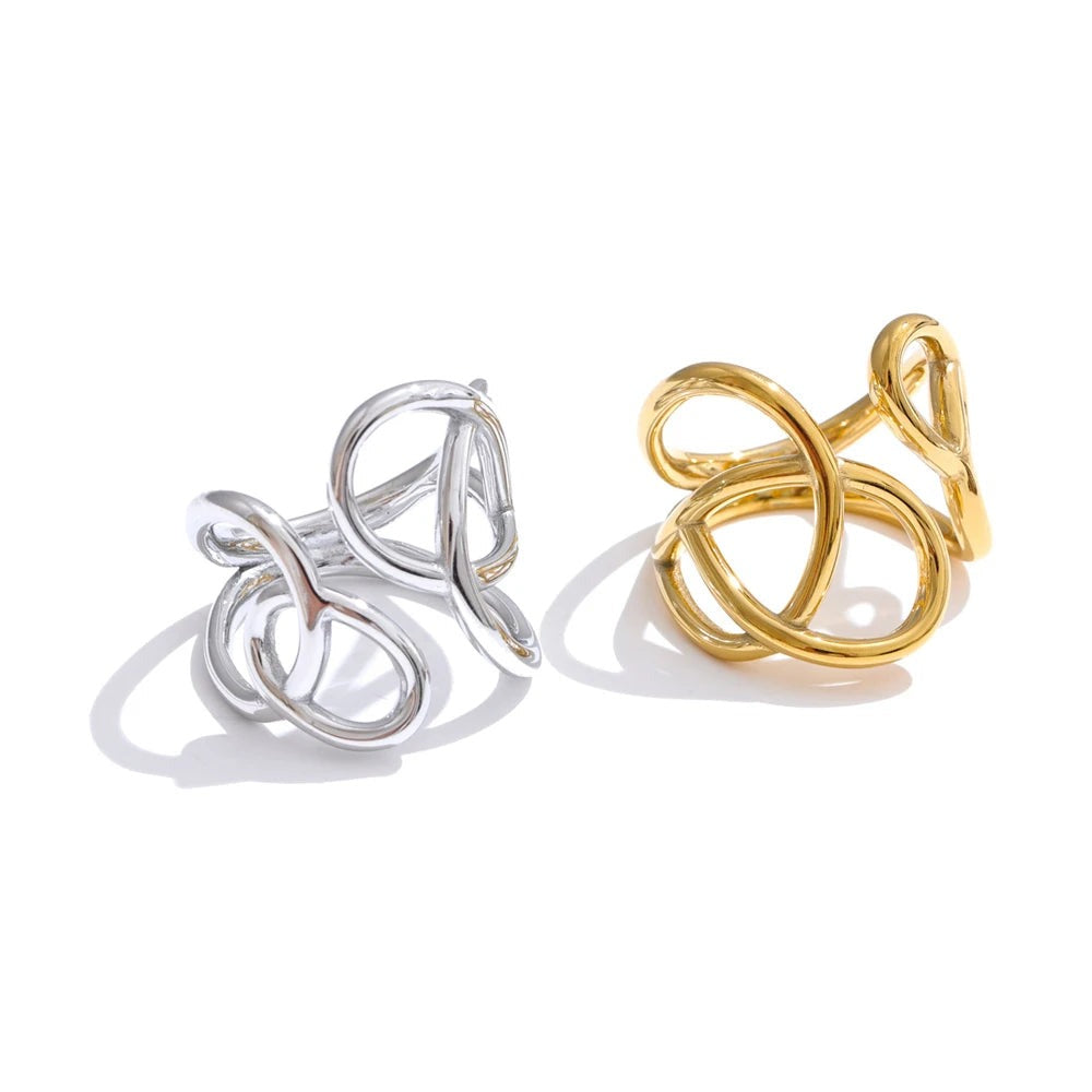 Gold-plated stainless steel ring with interlocking design.
