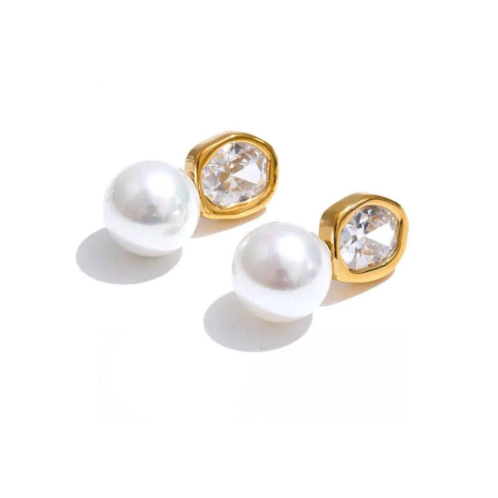 Cubic Zirconia Pearl Geometric Earrings — Gold-Plated Stainless Steel with Pearl and Cubic Zirconia · PS1428