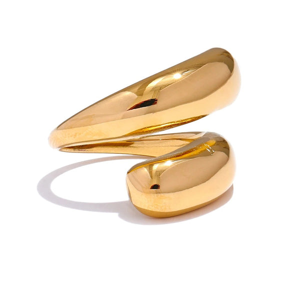 Gold-plated stainless steel ring with a unique design featuring two interconnected rings.