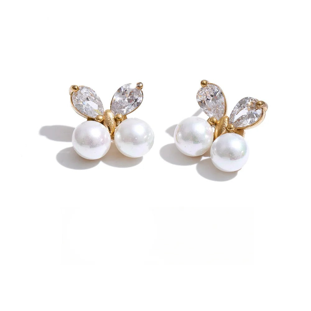 Cubic Zirconia Pearl Butterfly Earrings — Gold-Plated Stainless Steel with Pearl and Cubic Zirconia · PS1342