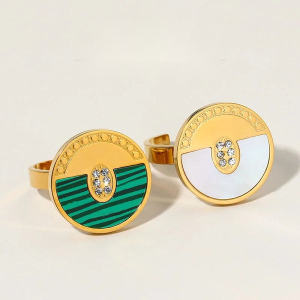 Geometric Ring Shell Malachite Zircon — 316L Stainless Steel · PS464