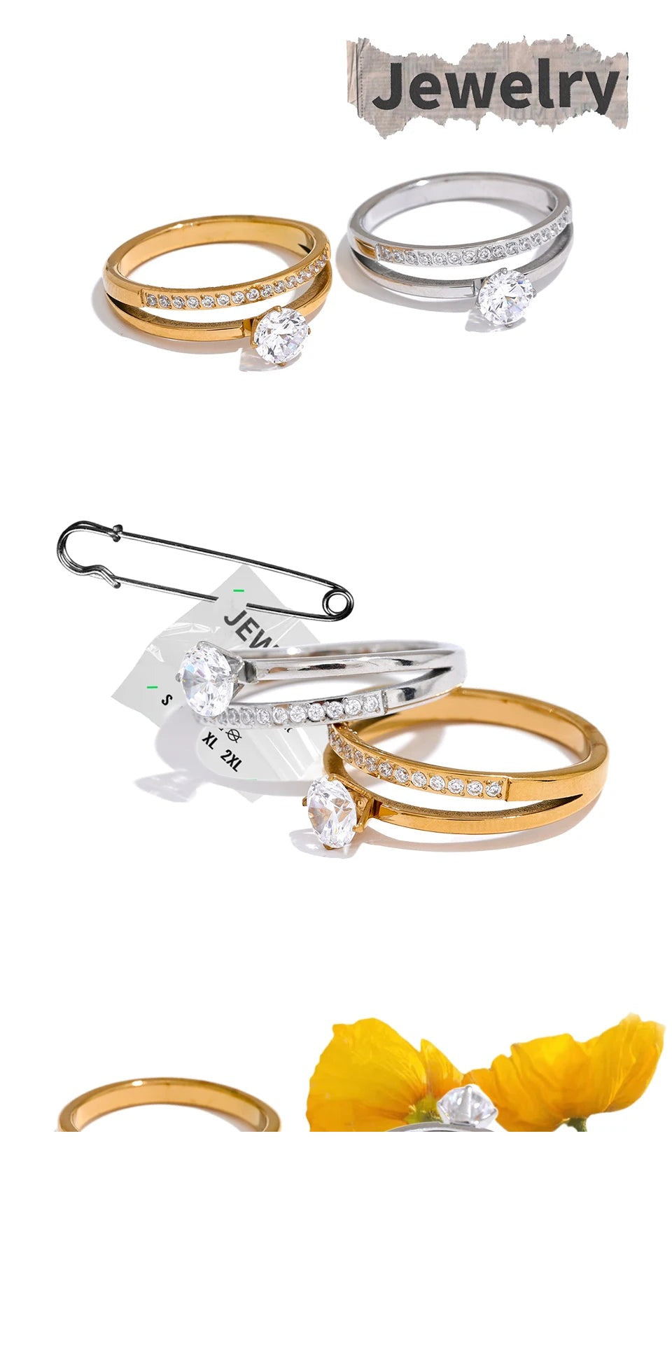 Cubic zirconia geometric layered ring in gold-plated stainless steel with cubic zirconia.