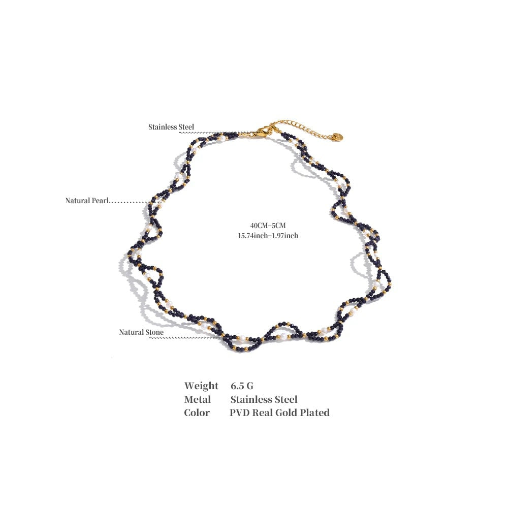 Pearl natural stone beaded necklace in gold-plated stainless steel with pearl and natural stone.