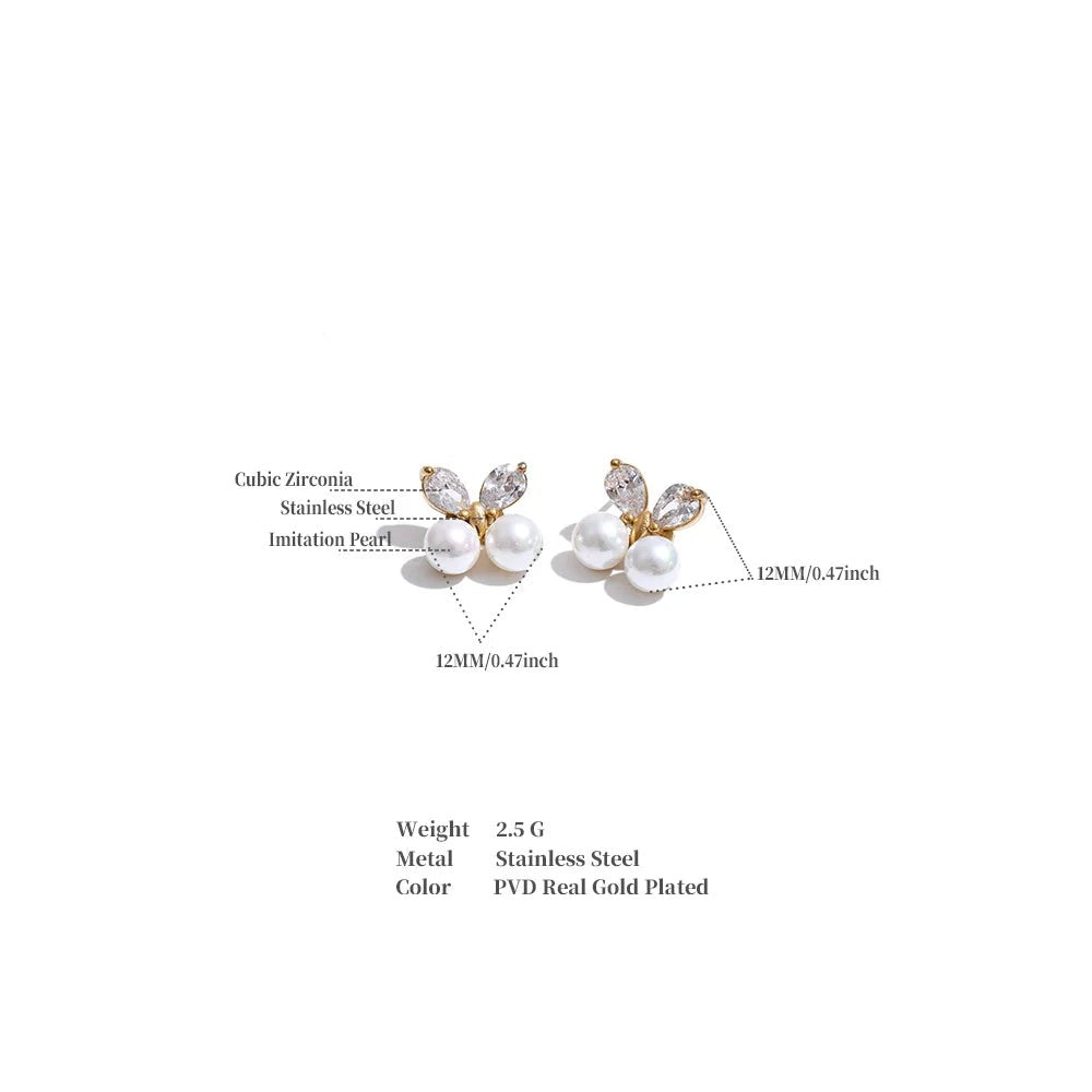 Cubic Zirconia Pearl Butterfly Earrings — Gold-Plated Stainless Steel with Pearl and Cubic Zirconia · PS1342