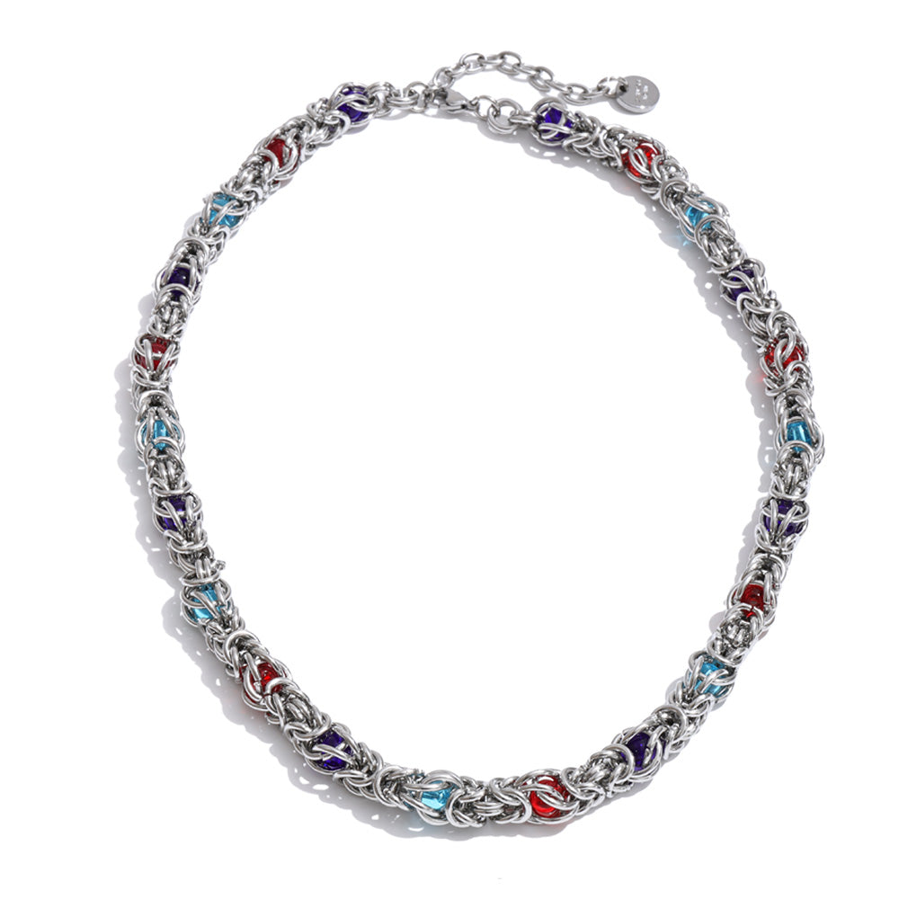 Glass natural stone multi-color necklace in gold-plated stainless steel with natural stone.